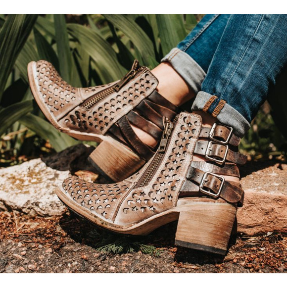 Freebird by Steven Shoes - Freebird by Steven Dahlia Laser Cut Leather Open Back Ankle Booties Brown Sz 11